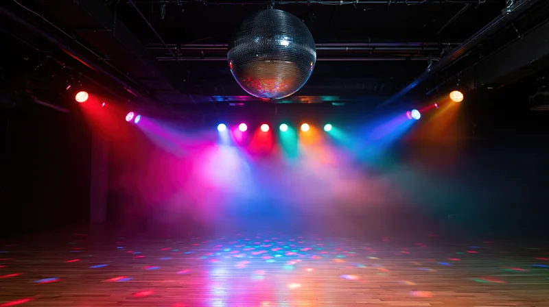 Mirror disco ball hanging from ceiling above empty dance floor with colorful spotlights and smoke