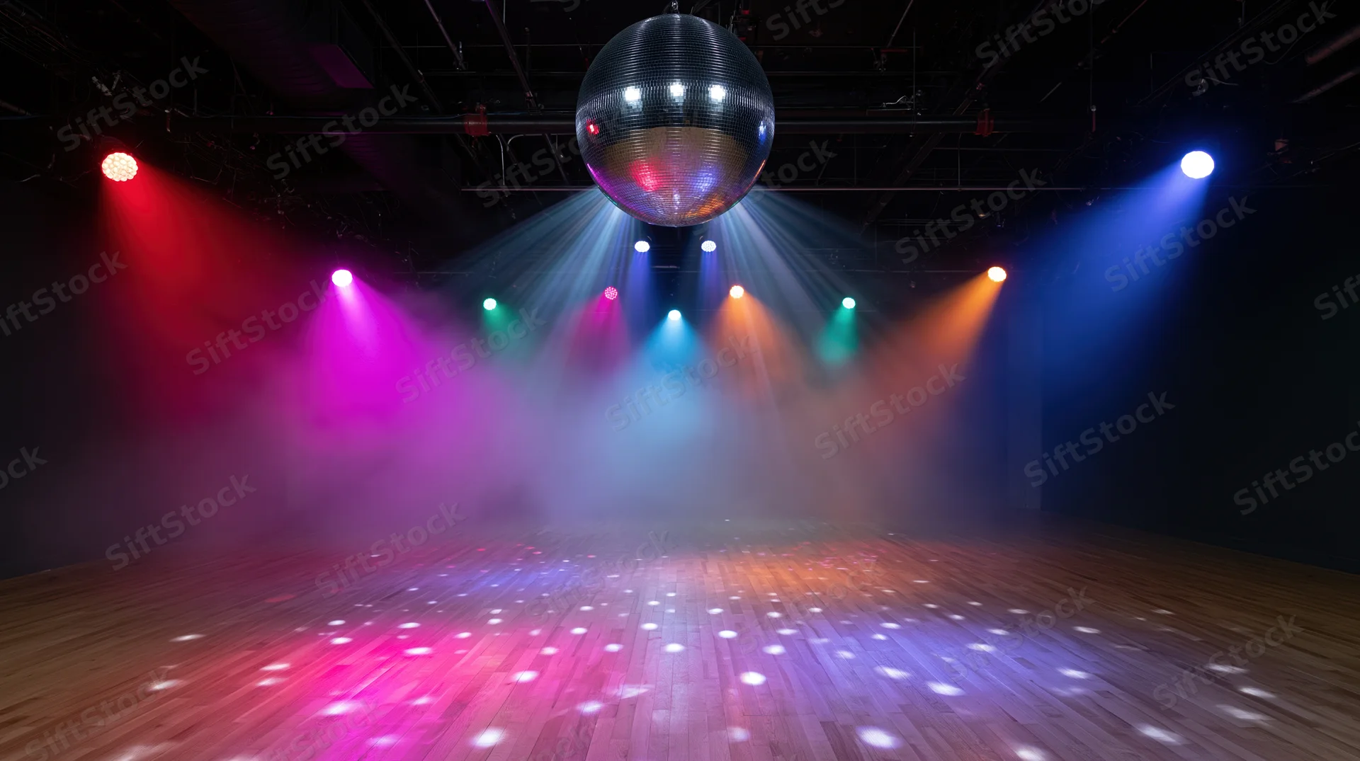 Mirror disco ball hanging above empty wooden dance floor illuminated by colorful spotlights and fog