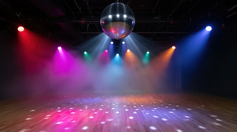 Mirror disco ball hanging above empty wooden dance floor illuminated by colorful spotlights and fog