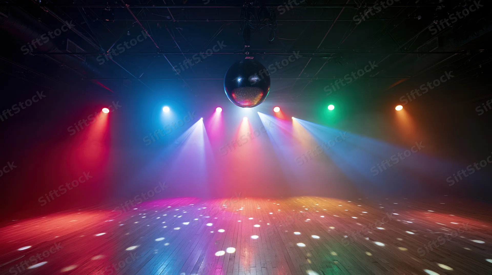 Mirror disco ball hanging above empty wooden dance floor illuminated by colorful spotlights
