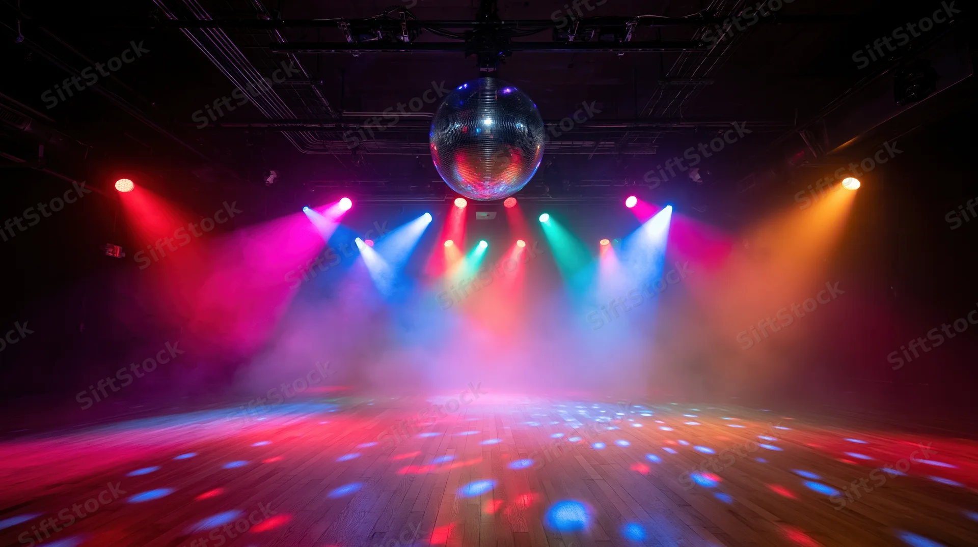 Mirror disco ball hanging above empty wooden dance floor illuminated by colorful spotlights and smoke