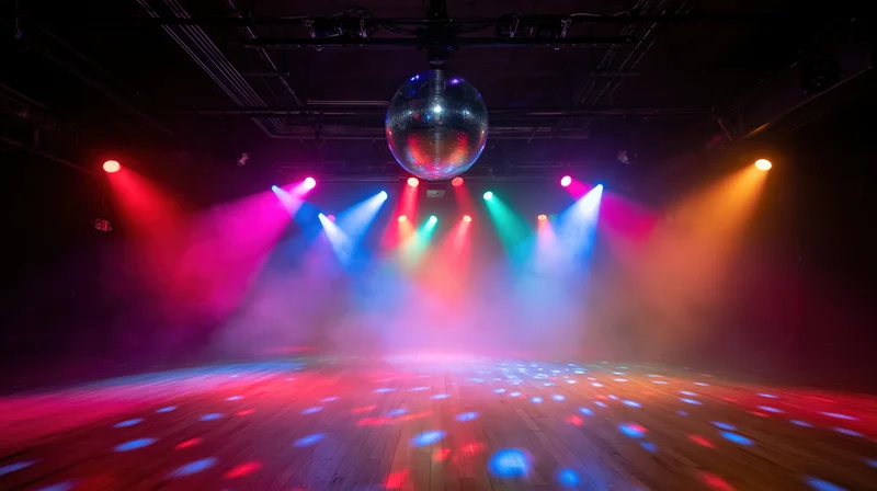 Mirror disco ball hanging above empty wooden dance floor illuminated by colorful spotlights and smoke
