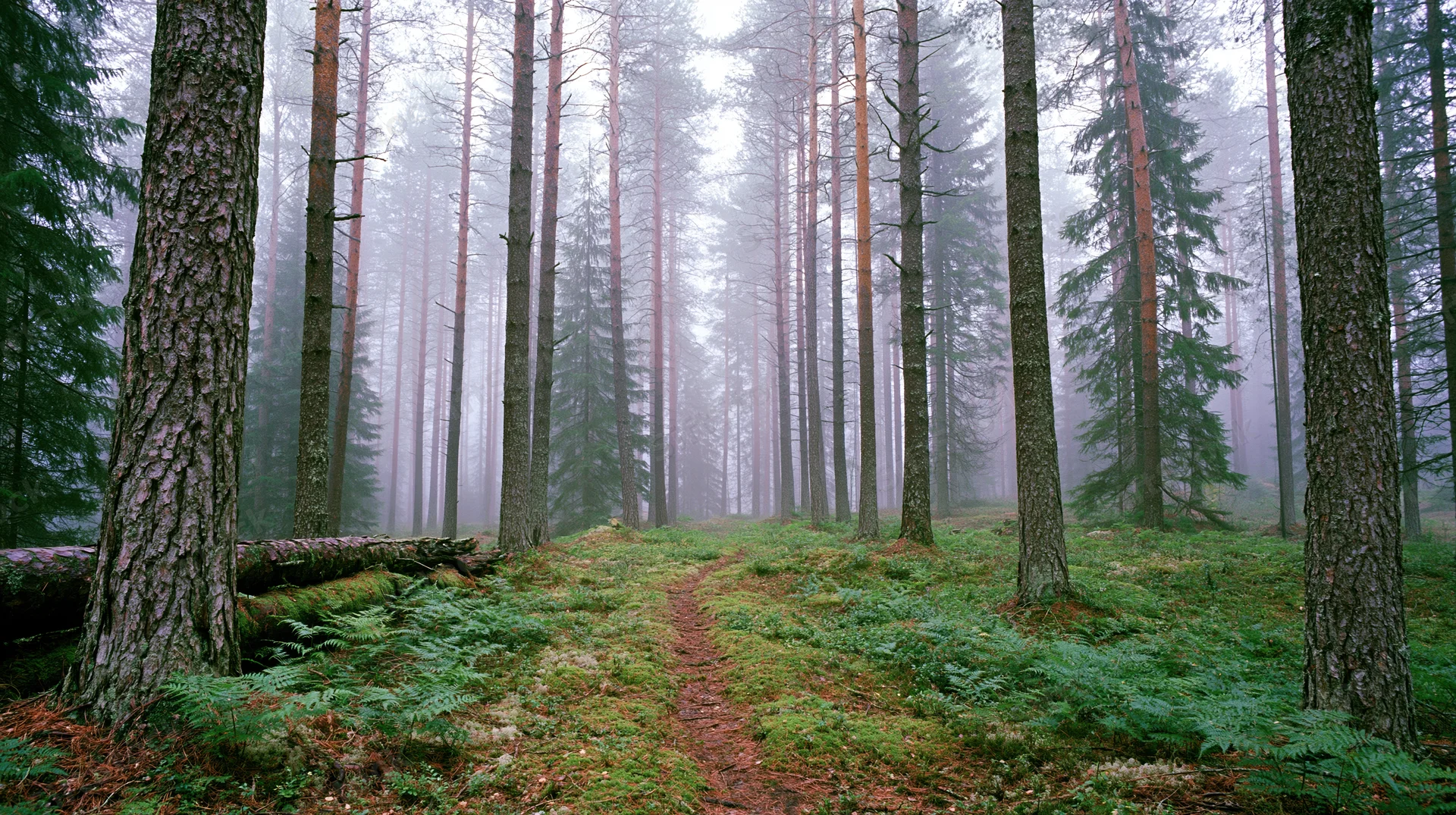 Misty forest path winding through tall pine and spruce trees with ferns and moss on the ground