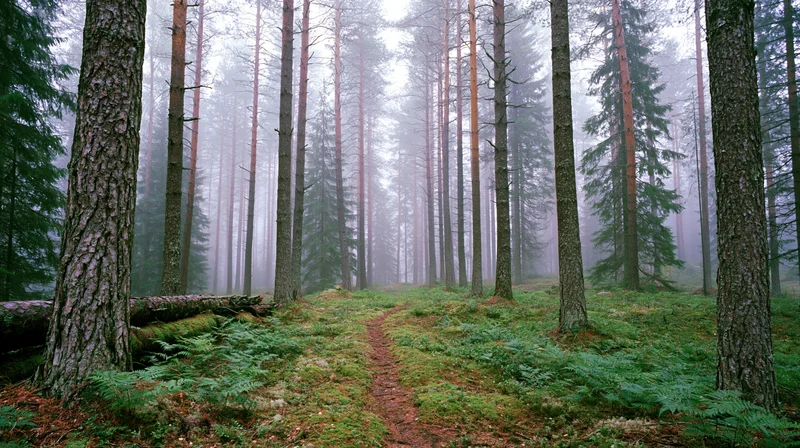 Misty forest path winding through tall pine and spruce trees with ferns and moss on the ground