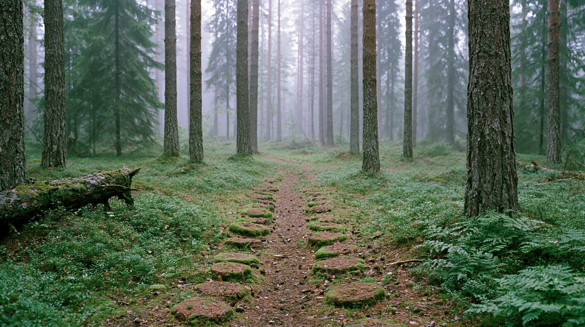 Misty forest path lined with moss-covered stones between tall pine and spruce trees