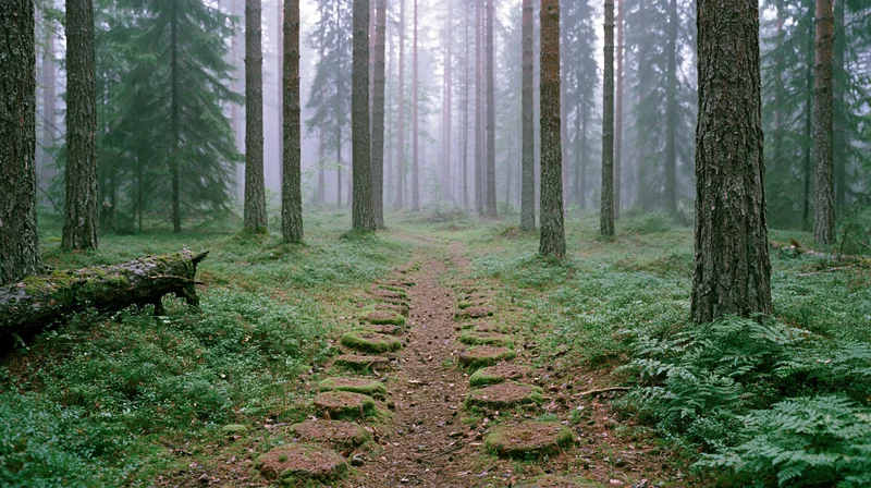 Misty forest path lined with moss-covered stones between tall pine and spruce trees