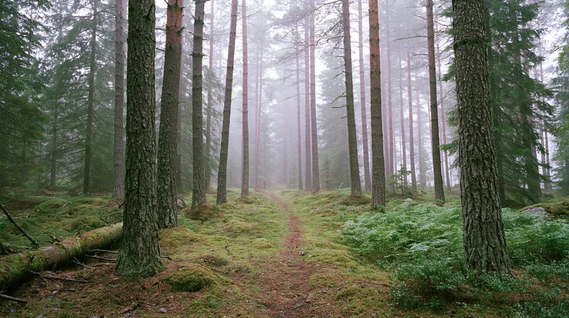 Misty forest path winding between tall pine and spruce trees with moss-covered ground