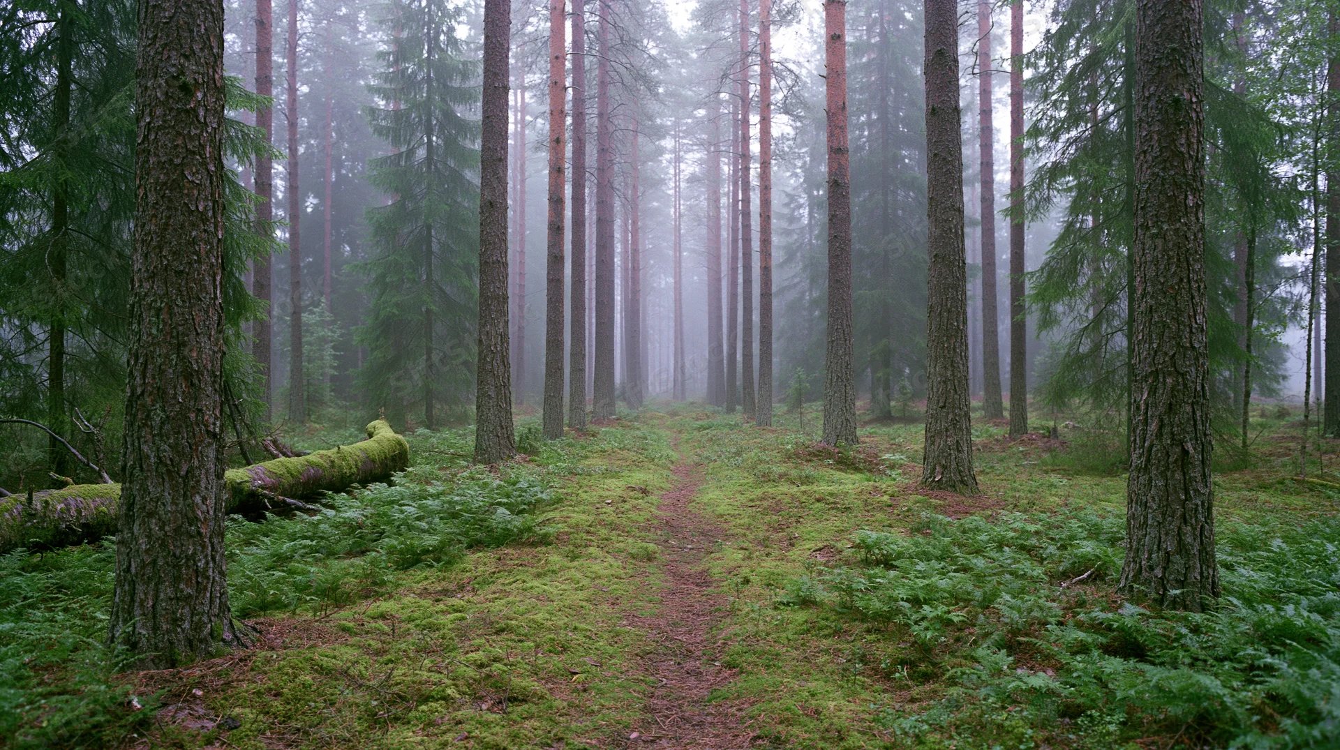 Misty forest path winding through tall pine and spruce trees with mossy groundcover