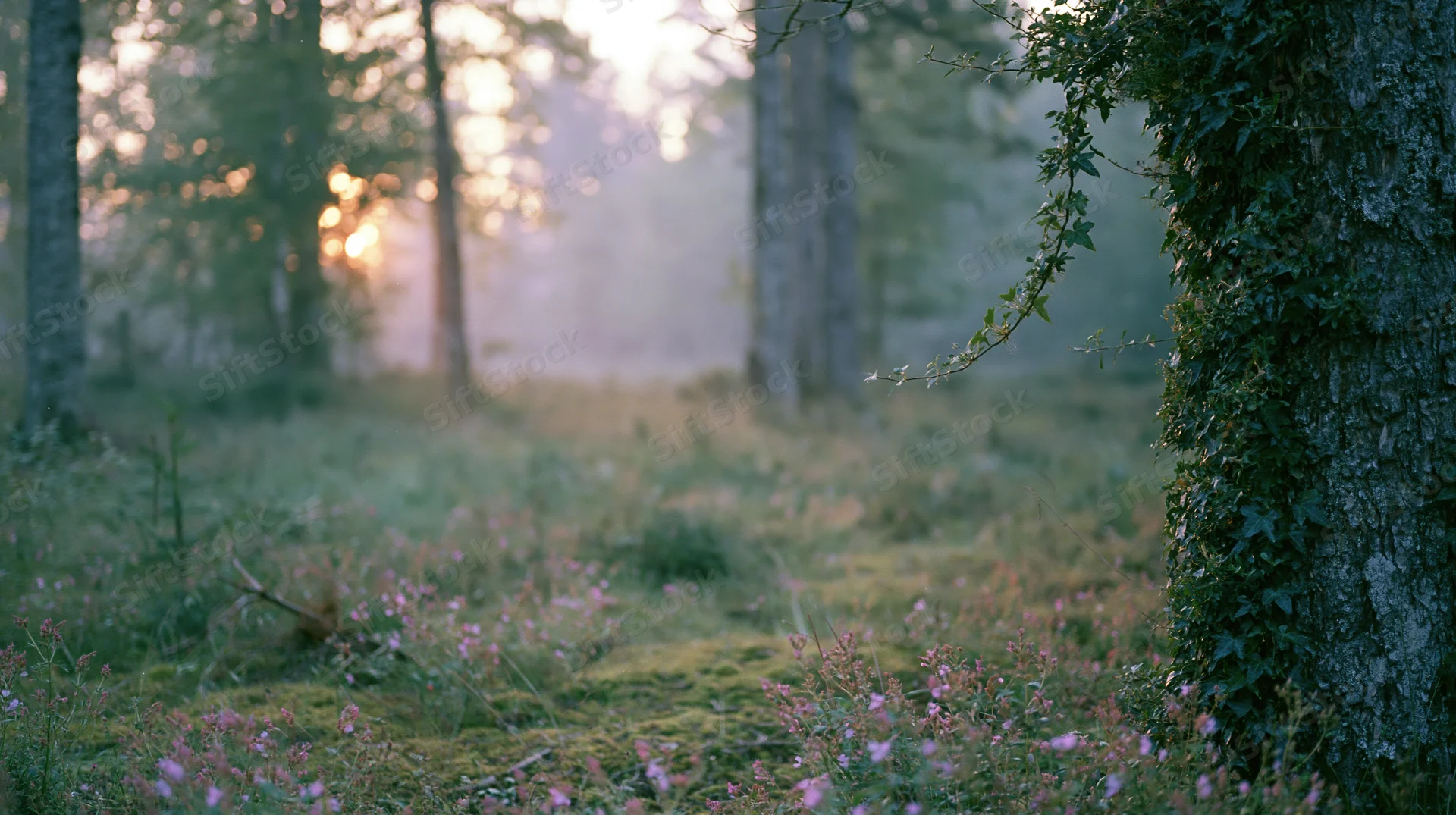 Misty forest clearing at dawn with soft golden light filtering through trees