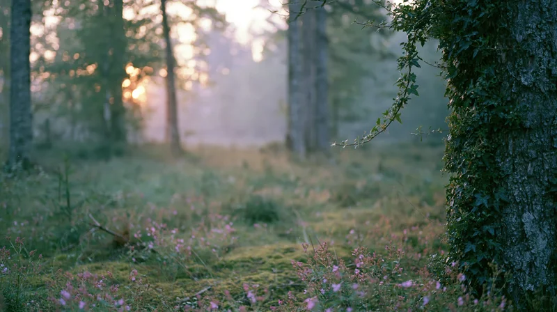 Misty forest clearing at dawn with soft golden light filtering through trees