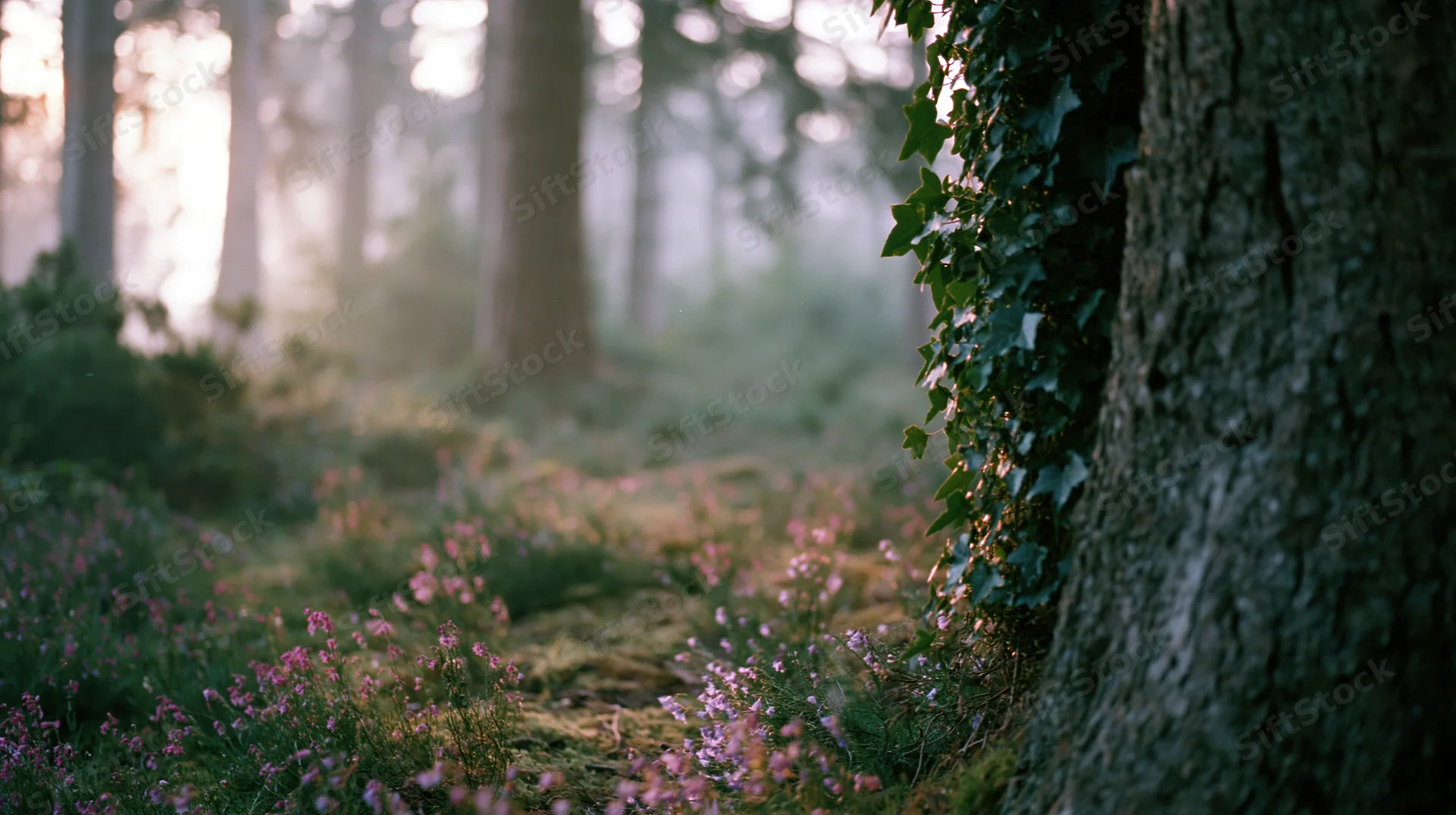Misty forest clearing at dawn with soft golden light filtering through trees and wildflowers on mossy ground