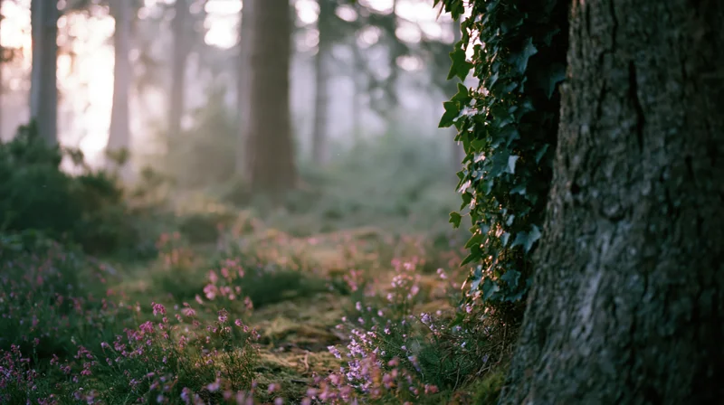 Misty forest clearing at dawn with soft golden light filtering through trees and wildflowers on mossy ground