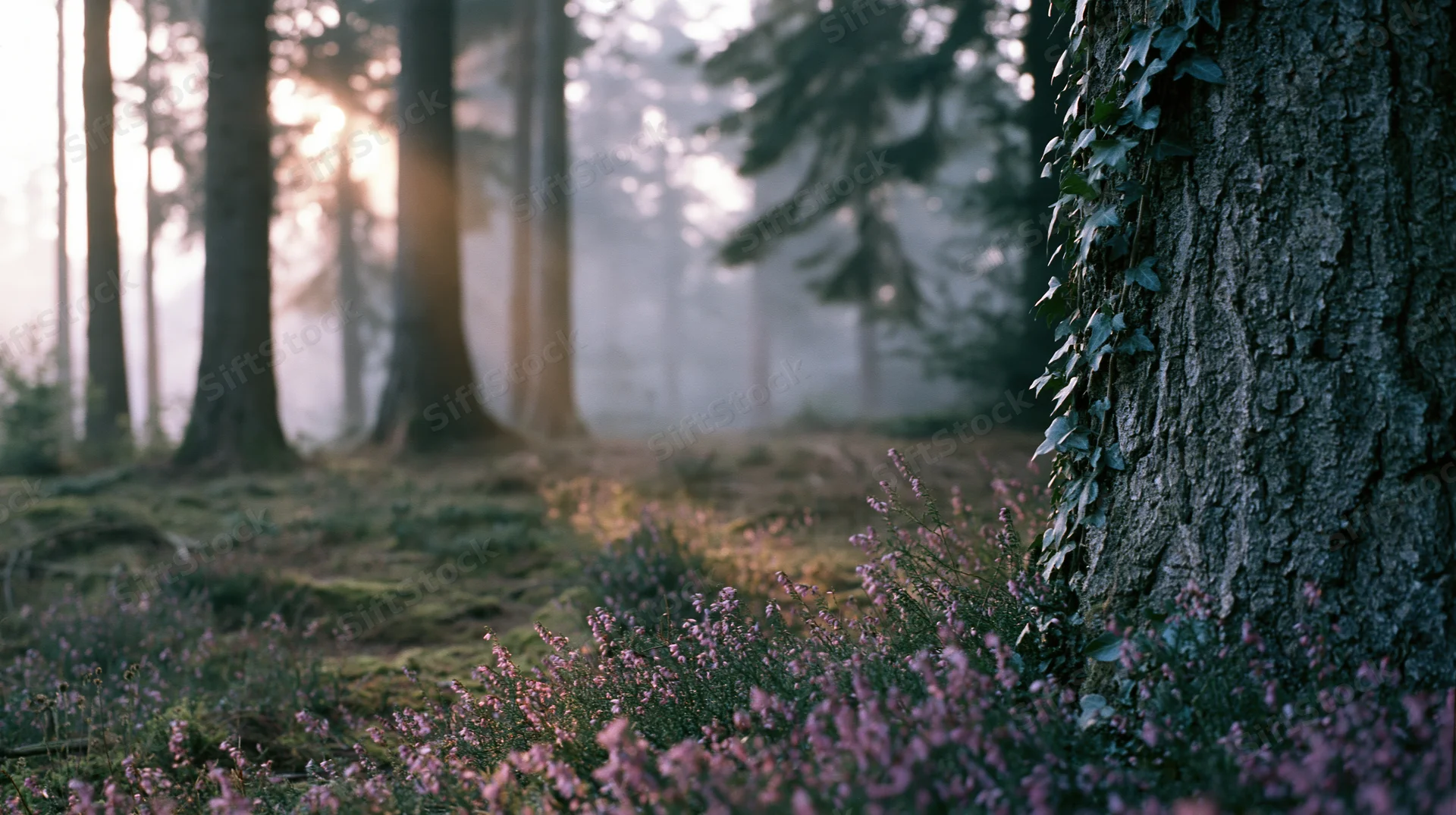 Misty forest clearing at dawn with soft golden light breaking through trees