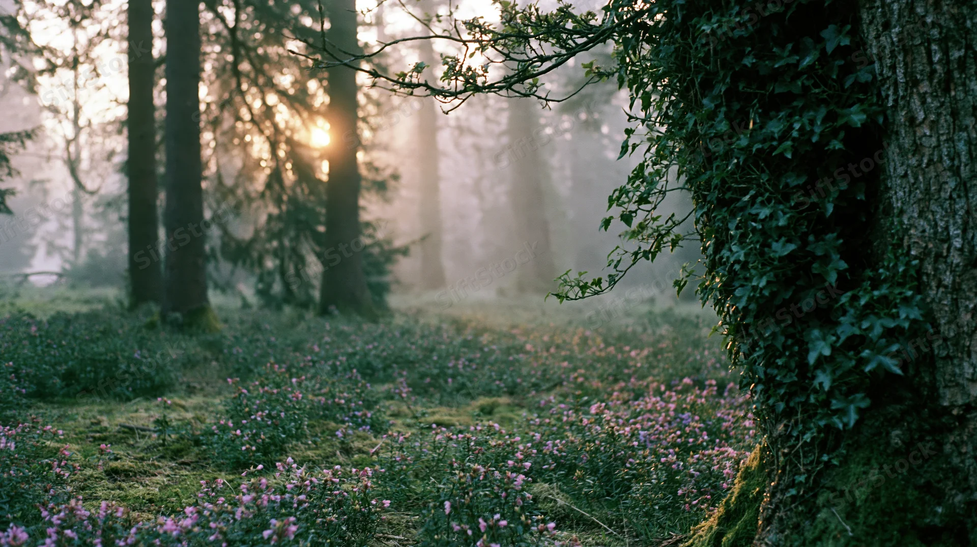Misty forest clearing at dawn with sunlight filtering through trees and purple flowers on mossy ground