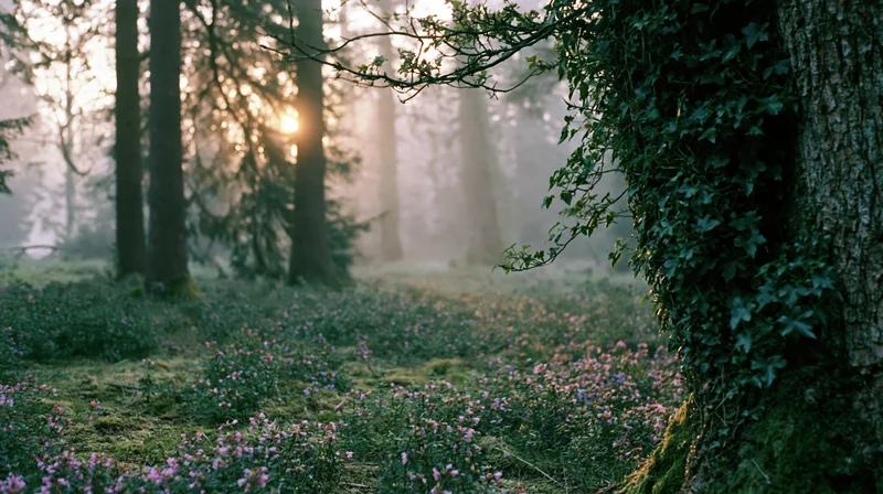 Misty forest clearing at dawn with sunlight filtering through trees and purple flowers on mossy ground