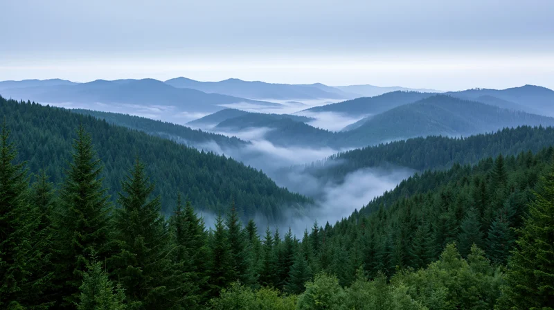 Misty mountain valley covered in dense spruce and fir forest with fog drifting between tree-covered ridges