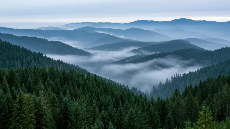 Misty mountain valley covered in dense spruce and fir forest
