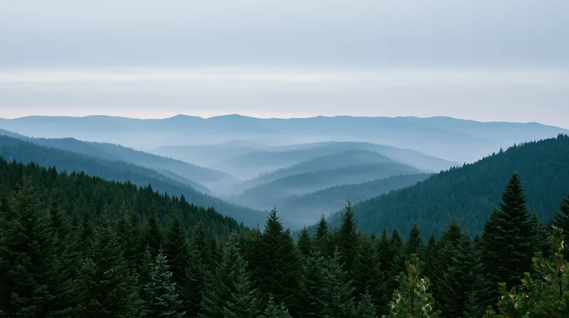 Misty mountain valley covered in dense spruce and fir forest under overcast sky
