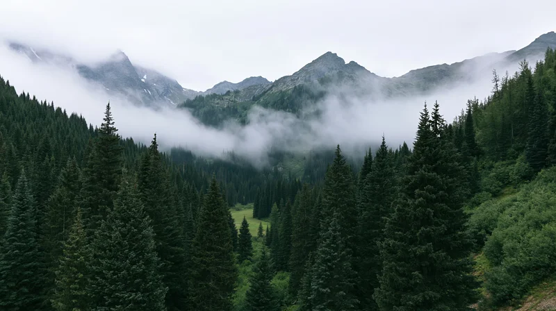 Misty mountain valley filled with dense conifer forest under overcast sky
