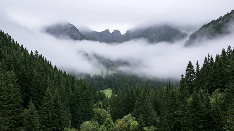 Misty mountain valley surrounded by dense conifer forest under overcast sky