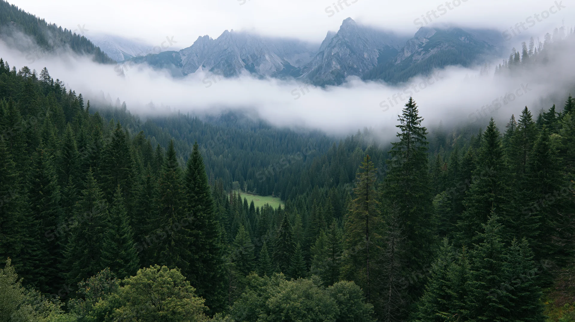 Misty mountain valley surrounded by dense conifer forest under overcast sky
