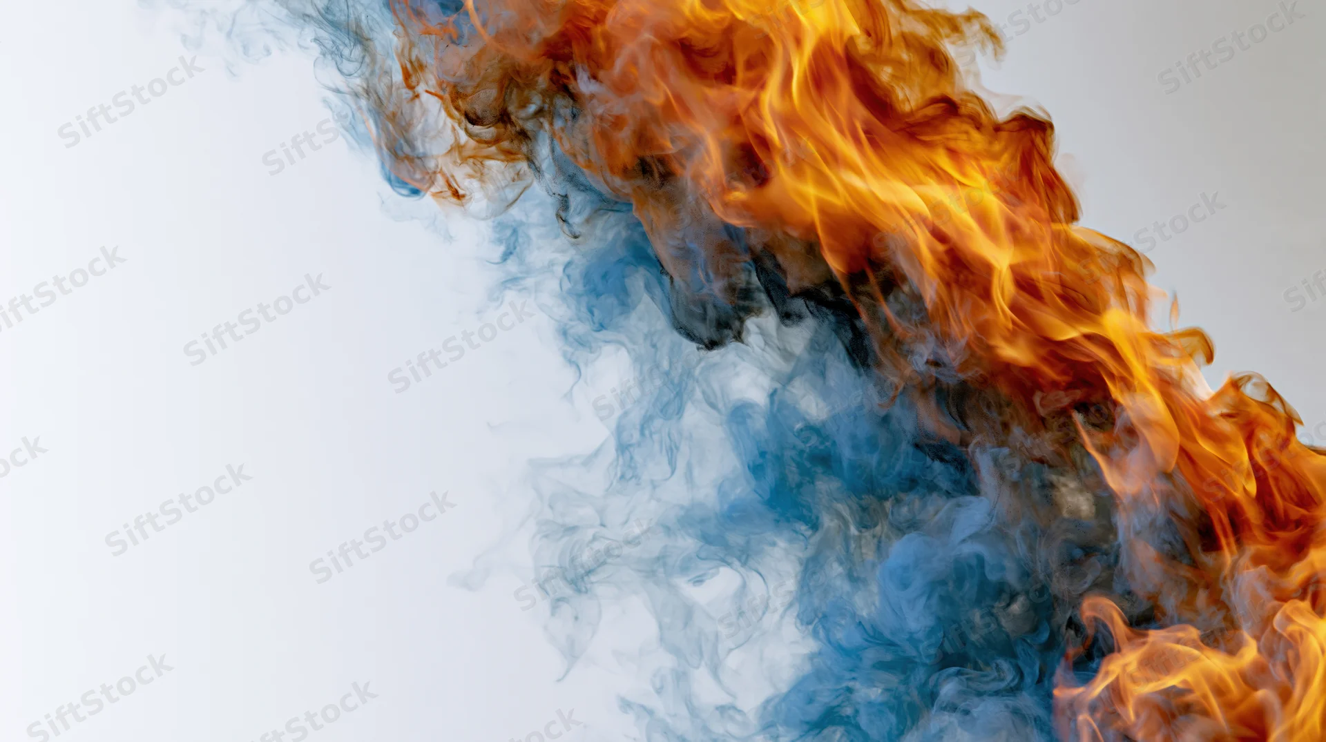 Orange and blue flames burning and swirling against a white background