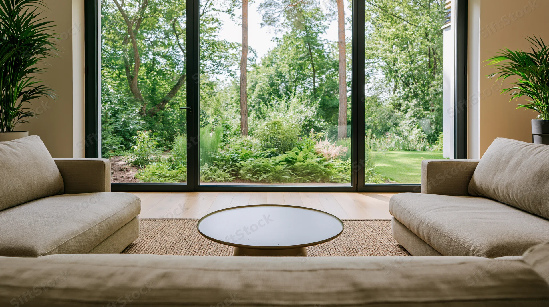 Modern living room with beige sofas and round coffee table facing a garden through sliding glass doors
