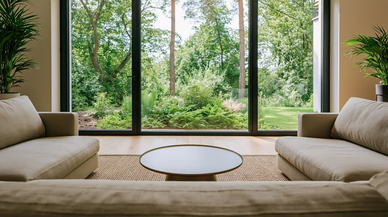 Modern living room with beige sofas and round coffee table facing a garden through sliding glass doors