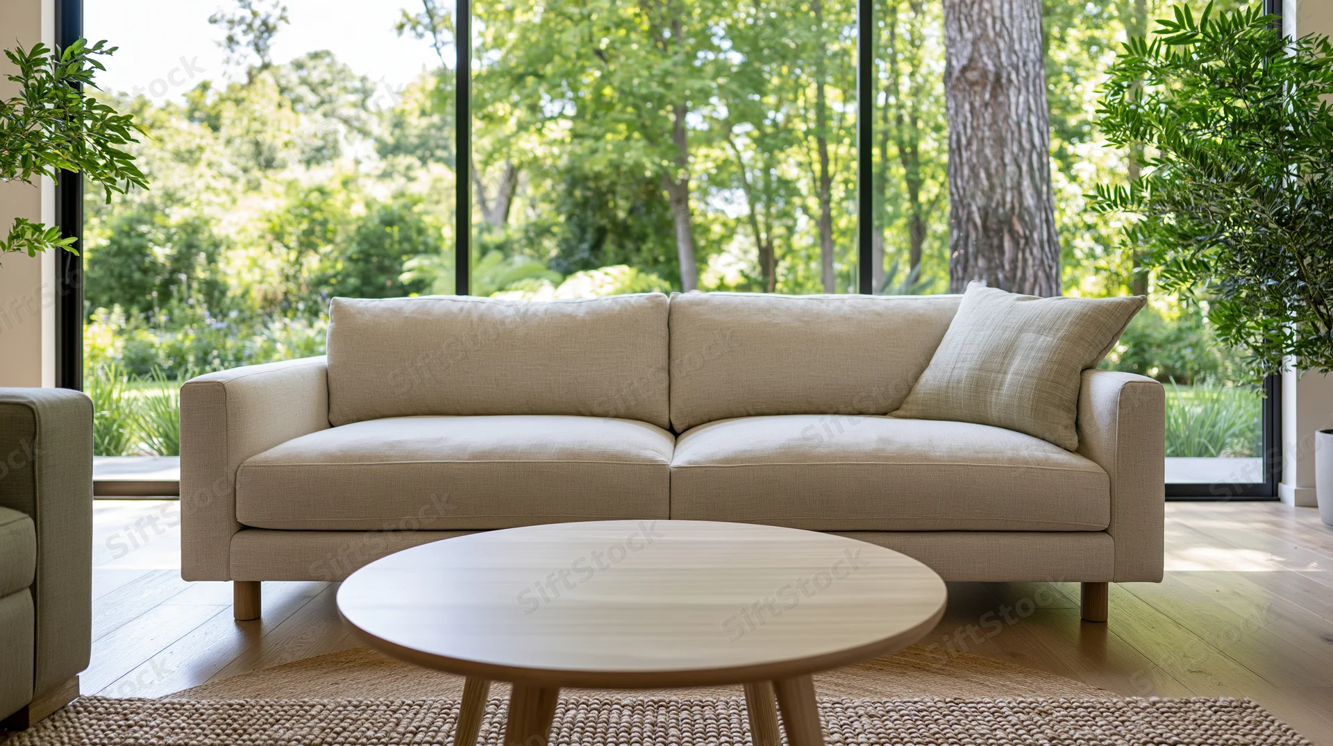 Beige sofa with round wooden coffee table in modern living room facing large glass windows overlooking green garden