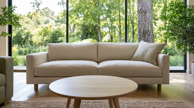 Beige sofa with round wooden coffee table in modern living room facing large glass windows overlooking green garden