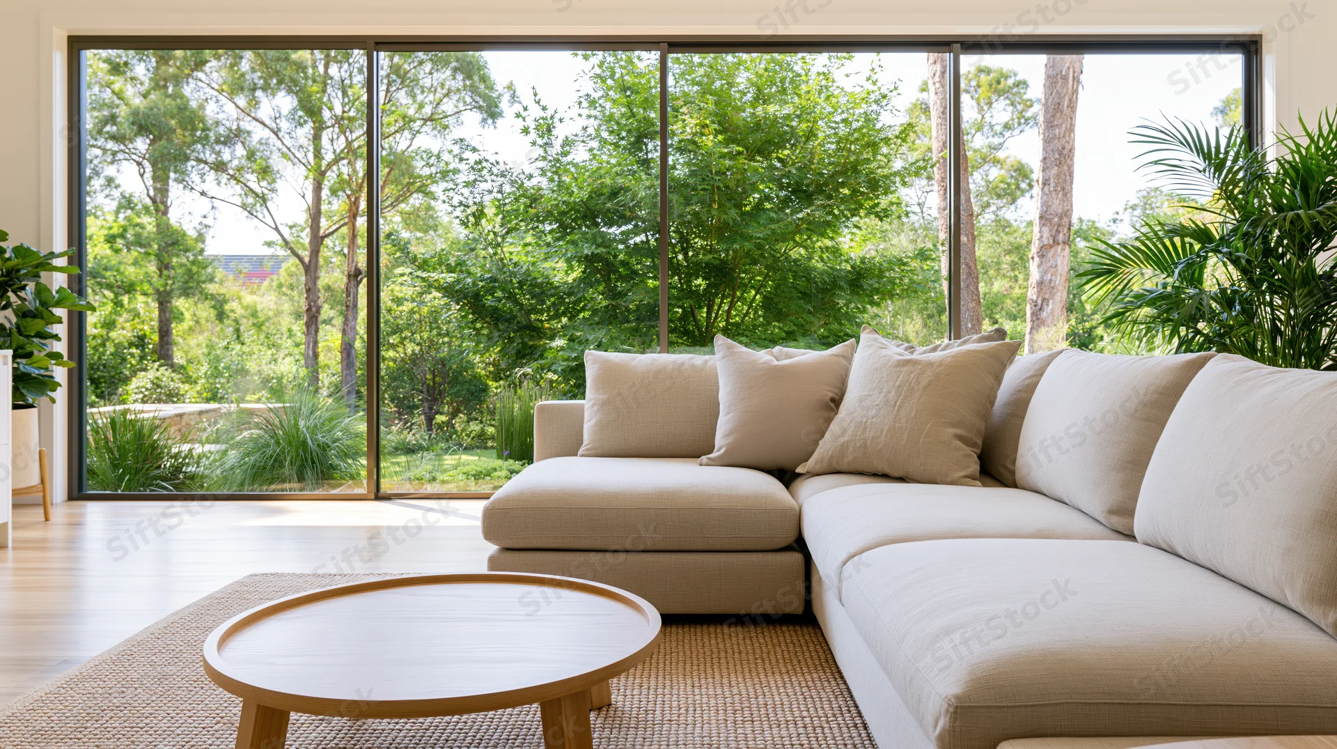Modern living room with beige sectional sofa and round wooden coffee table near large sliding glass windows overlooking green garden