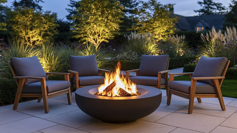 Modern outdoor patio with firepit and cushioned chairs arranged around it at dusk