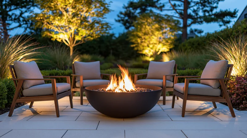 Modern outdoor patio with firepit and four chairs arranged around it at twilight