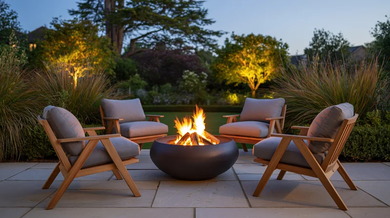Modern outdoor patio with four wooden chairs and cushions arranged around a lit firepit on a stone patio at twilight