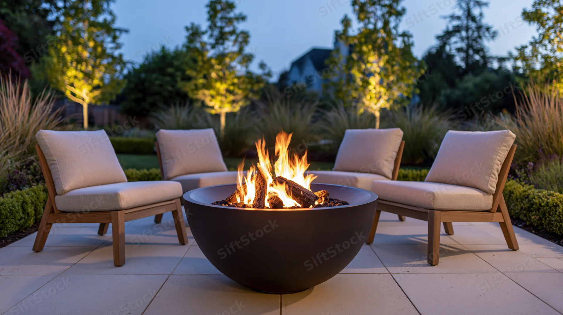 Modern outdoor patio with firepit and cushioned chairs arranged around it at dusk
