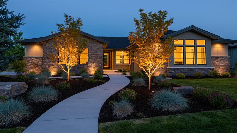 Modern single-story house exterior at dusk with curved concrete pathway and illuminated landscaping