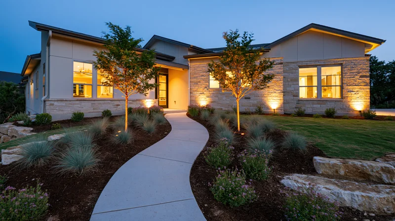 Modern single-story house exterior at dusk with curved concrete pathway and illuminated landscaping
