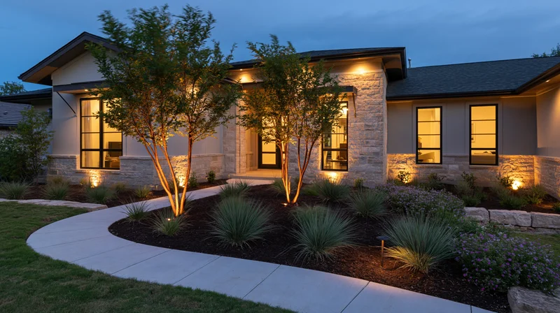 Modern single-story house exterior at dusk with illuminated landscape and curved concrete pathway