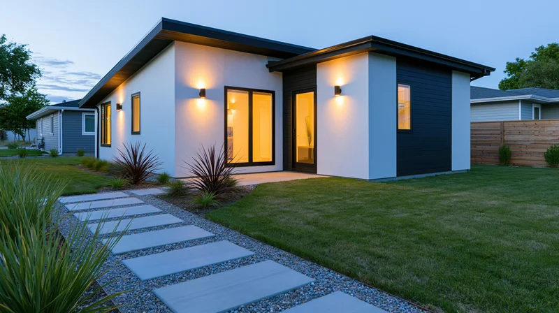 Modern suburban house exterior at dusk with illuminated windows and pathway leading to front door