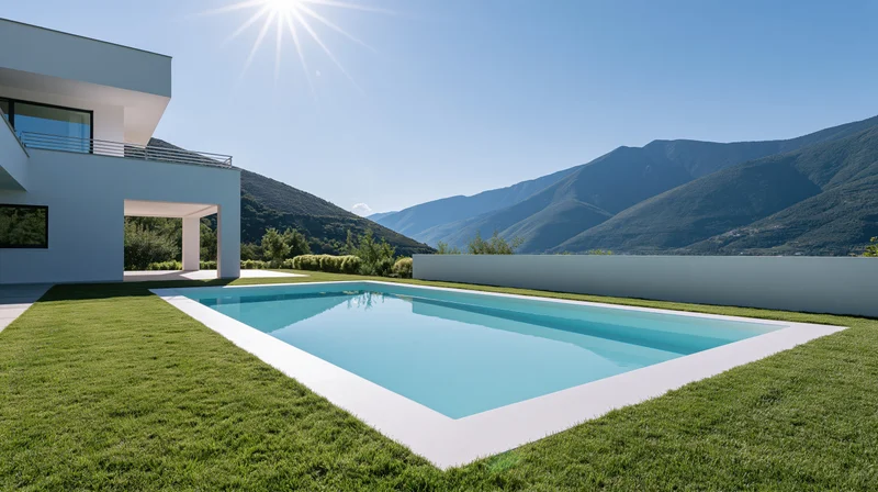 Modern white stucco villa exterior with rectangular swimming pool surrounded by green lawn and mountains under clear blue sky
