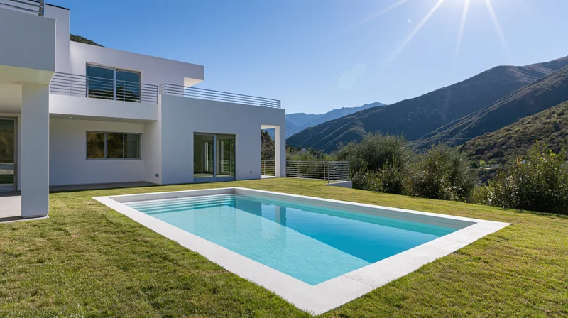Modern white stucco villa exterior with rectangular swimming pool surrounded by grass and mountains under clear blue sky