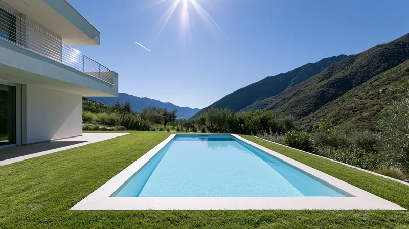 Modern white stucco villa exterior with rectangular swimming pool surrounded by green lawn and mountains under bright blue sky