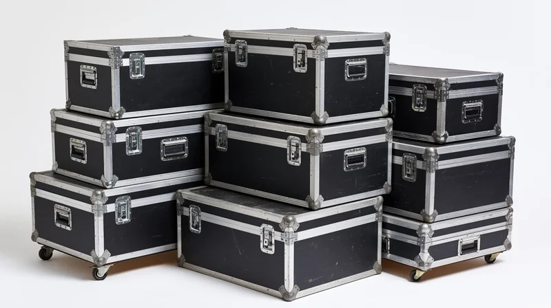 Black flight cases stacked in groups on white background with wheels and metal corners