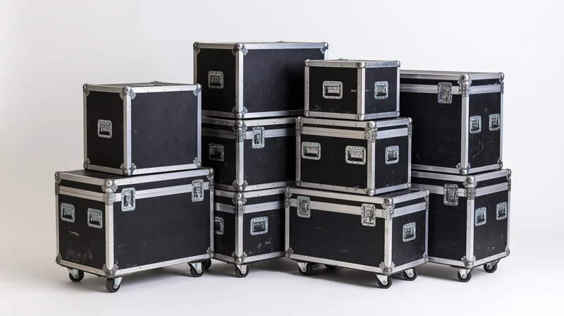 Multiple black road cases stacked and arranged on a white background