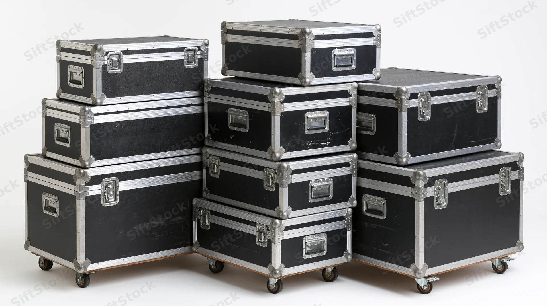 Stacked black road cases with metal corners and wheels on white background