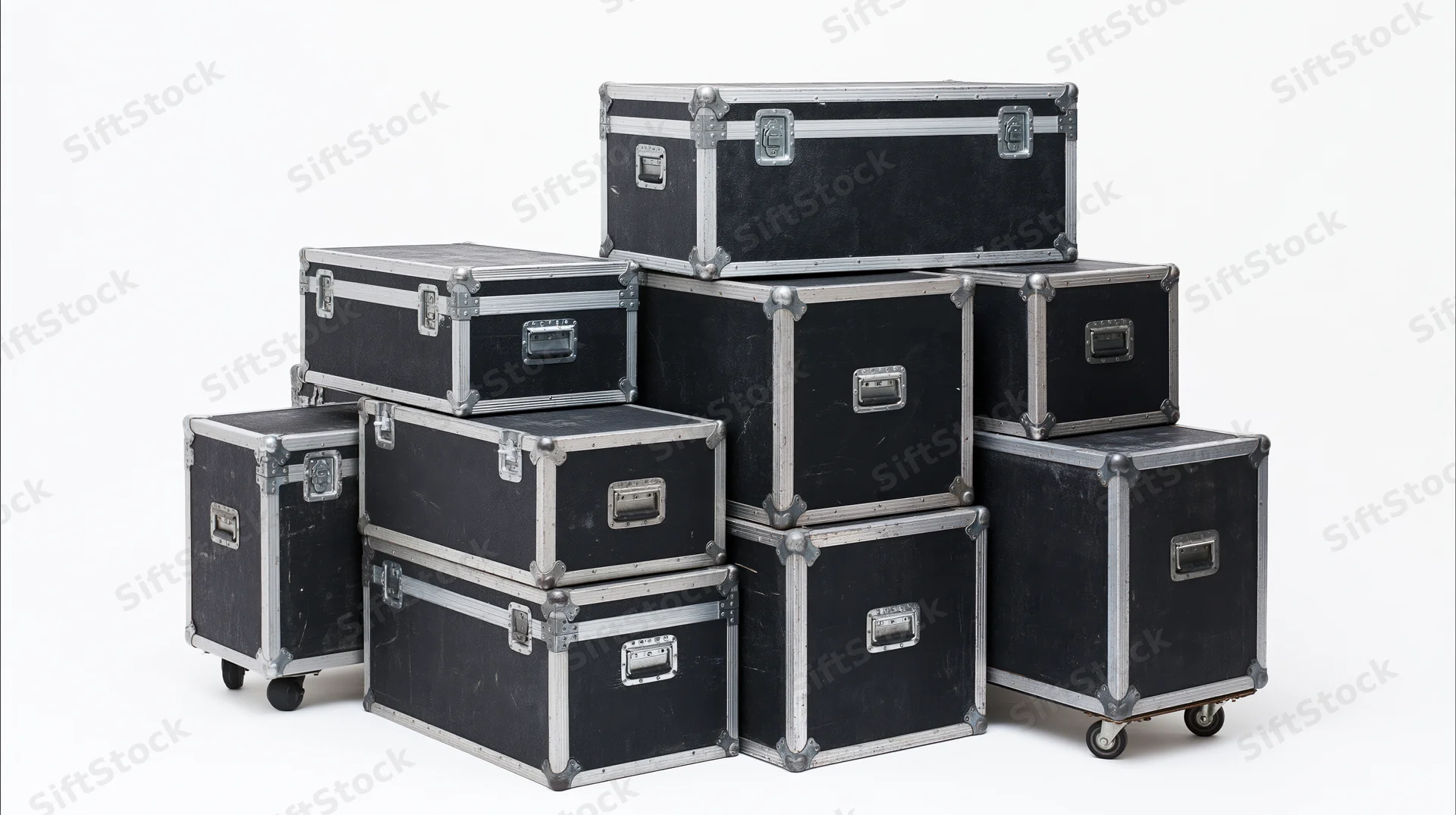 Stack of black road cases with metal edges and wheels on white background