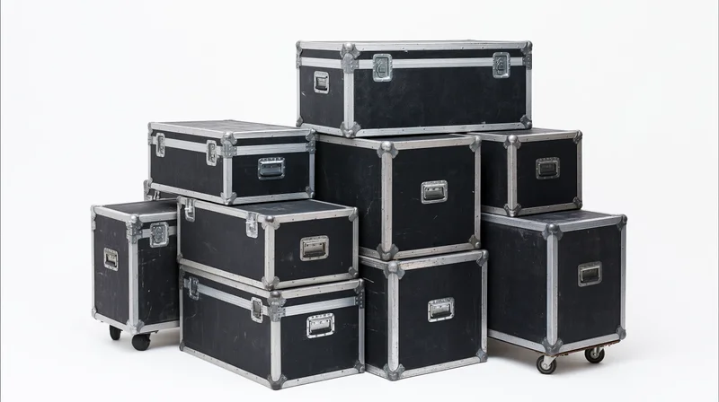 Stack of black road cases with metal edges and wheels on white background