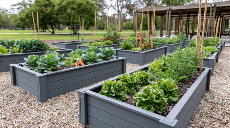 Rows of grey composite raised garden beds filled with leafy vegetables and herbs in an outdoor community garden setting