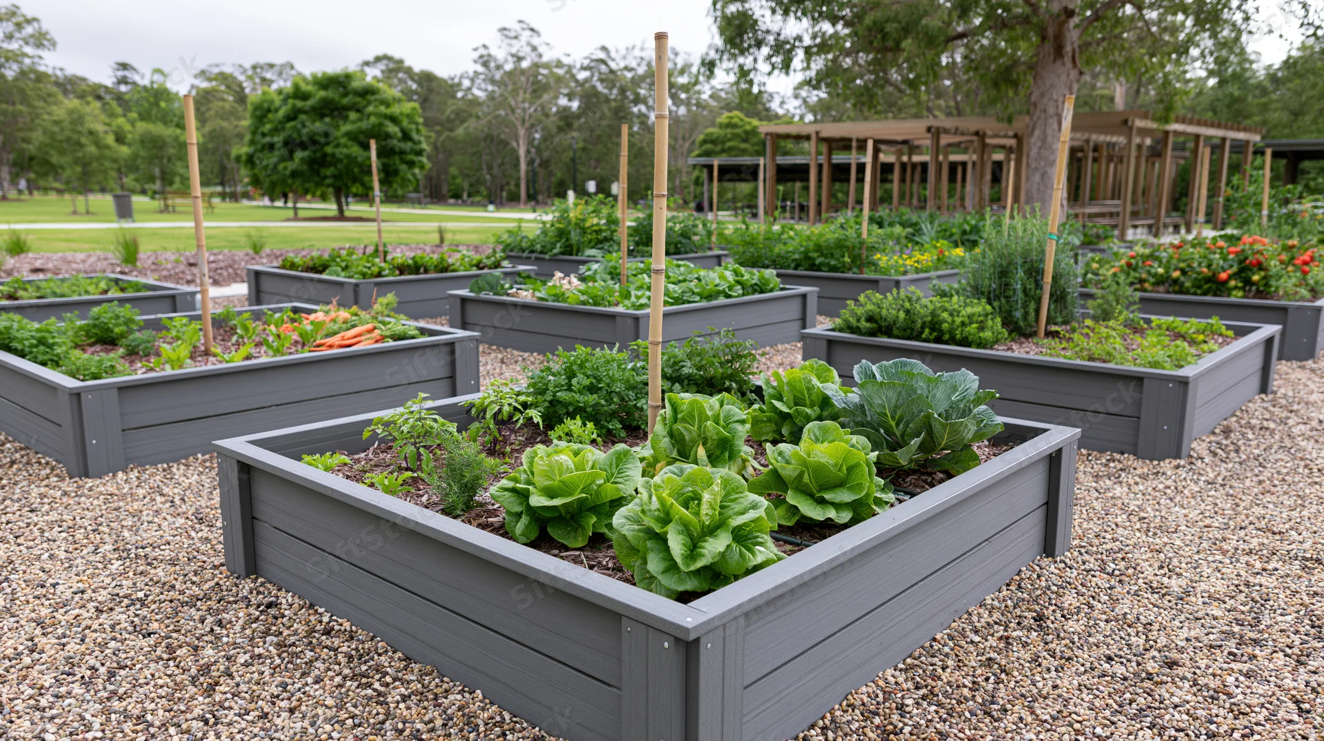 Rows of grey composite raised garden beds filled with leafy vegetables and herbs on a gravel surface in an outdoor community garden