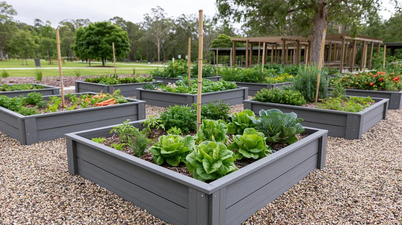 Rows of grey composite raised garden beds filled with leafy vegetables and herbs on a gravel surface in an outdoor community garden